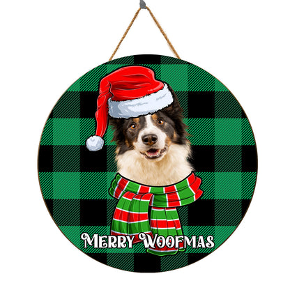 Teesdily | Customized Border Collie Dog Christmas Santa Round Wood Sign Merry Woofmas Wood Door Hanger Pet Owner Christmas Door Hanging