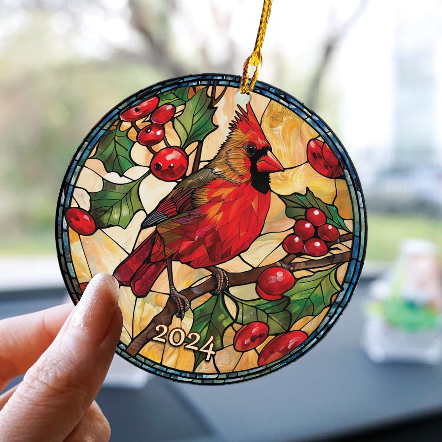 Teesdily | Cardinal Christmas Stained Glass Print Rear View Mirror Accessories, Cardinal Christmas 2024 Rear View Mirror Hanging, Christmas Tree Decor