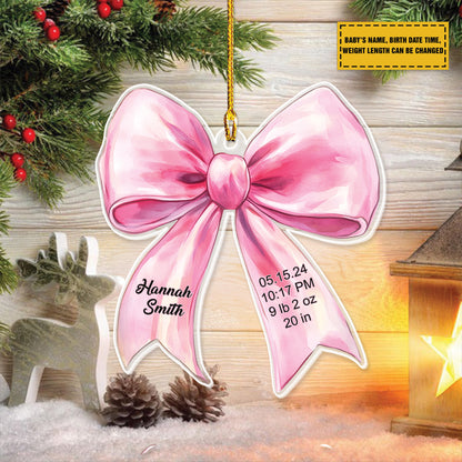 Teesdily | Customized Christmas Coquette Bow Ornament, Baby's First Christmas Ornament, Baby Birth Information Ornament Xmas Gift