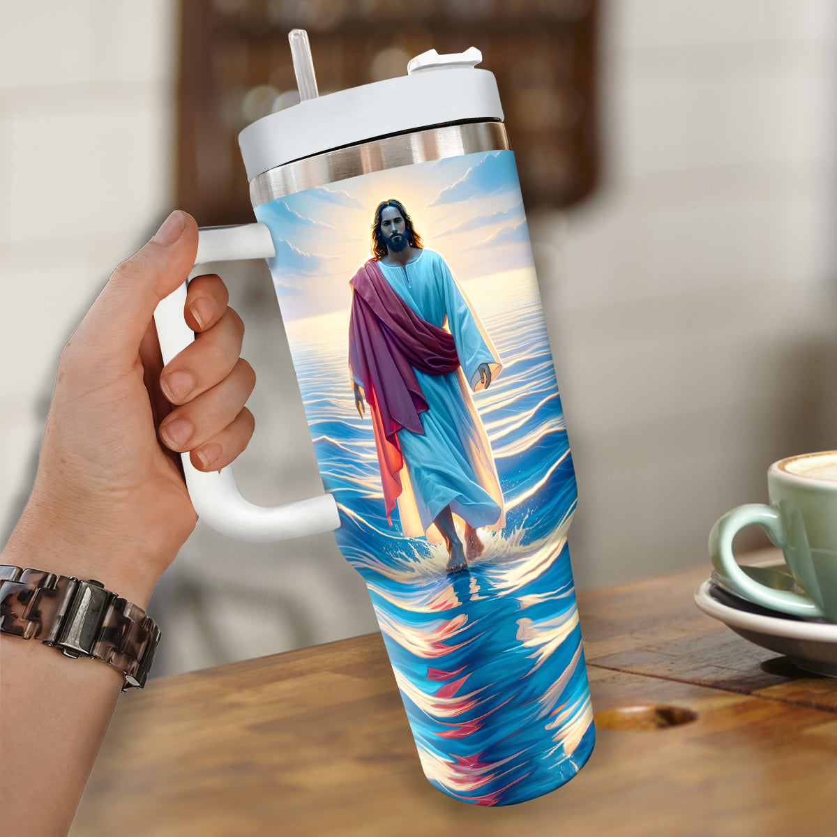 Teesdily | Jesus Beach Walking 40 oz Tumbler With Handle, Let Your Faith Be Bigger Insulated Tumbler, God Faith Believers Inspirational Gifts