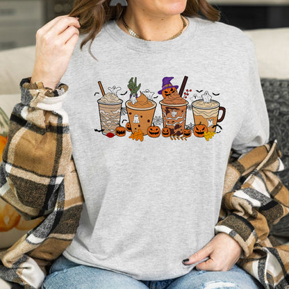 Teesdily | Halloween Coffee Pumpkin Fall Shirt, Retro Coffee Latte Pumpkin Ghost Shirt, Spooky Coffee Sweatshirt Hoodie Mug, Happy Halloween Gifts