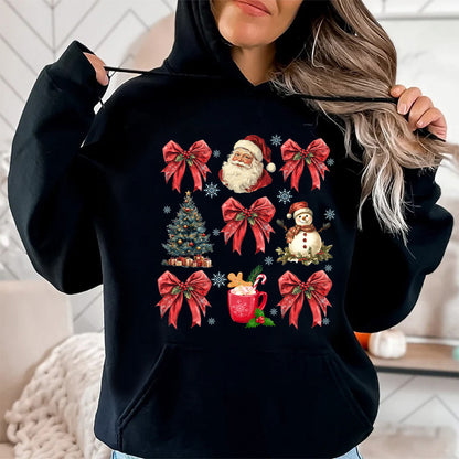 Teesdily | Christmas Coquette Bow Santa Shirt, Christmas Tree Snowman Mug Sweatshirt Hoodie, Retro Merry Bright Tee