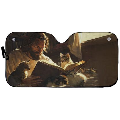 Teesdily | Jesus And Cats Sunshade, God Reading Bible Book Auto Sunshade, UV Protector Shields Auto, Christ Car Windshield Sunshade, Cat Lover Gifts