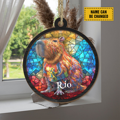 Teesdily | Customized Capybara Suncatcher, Capybara Stained Glass Suncatcher Christmas Decor Hanging, Capybara Lovers Gift, Chrismas Home Decor, Xmas Gifts