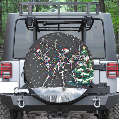 Teesdily | Funny Skeleton Dancing Car Spare Tire Cover, Christmas Tree Snowflake Car Wheel Cover, Skull Halloween Xmas Decor Holiday, Xmas Gift