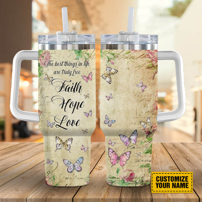 Teesdily | Personalized Butterfly Floral 40 oz Tumbler, Faith Hope Love Insulated Cup, Spiritual Gifts For Women, Christian Vintage Personalized Cups