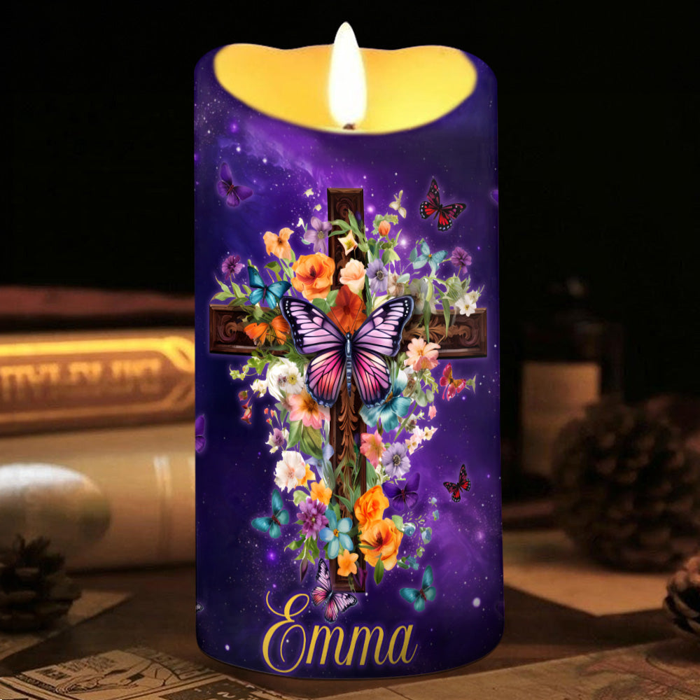 Teesdily | Customized Jesus Cross Flower Butterfly LED Candle No Battery, Heal Me Oh Lord LED Candle, Faith Jesus Lover Gift