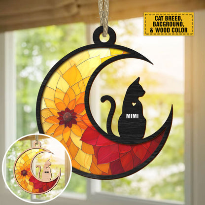 Teesdily | Personalized Cat On Moon Suncatcher Window Hangings, Keep Memories Custom Cat And Name Ornament, Gifts For Cat Lovers