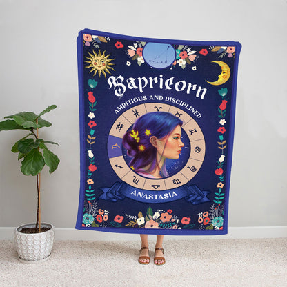 Teesdily | Capricorn Zodiac Sign Characteristics Customized Blanket Ambitious And Disciplined Sherpa Fleece Horoscope Design Astrology Gift Birthday