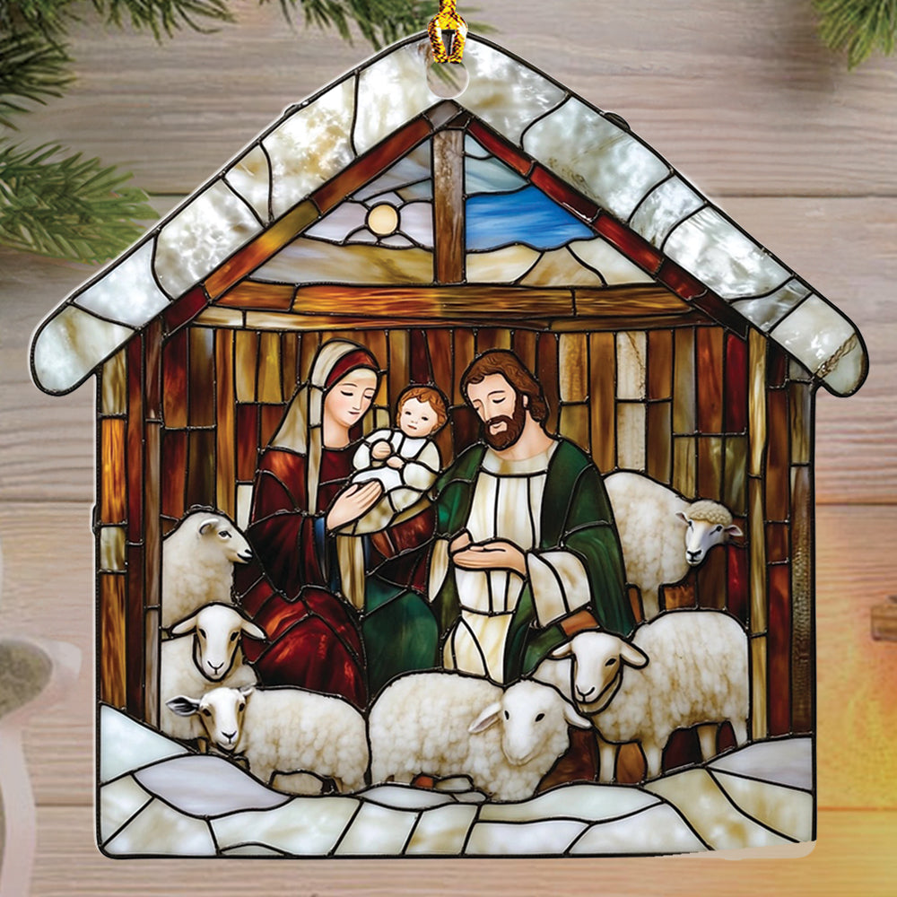 Teesdily | Nativity Scene Acrylic Ornament , Nativity Jesus Snowy House Christmas Ornament, Religious Jesus Lover Gift