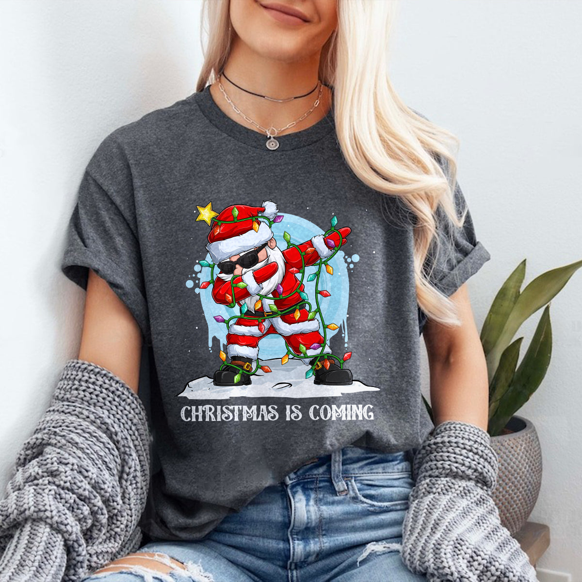 Teesdily | Funny Santa Dancing Shirt, Christmas Is Coming Sweatshirt, Santa Christmas Lights Hoodie, Family Matching Shirt For Holiday