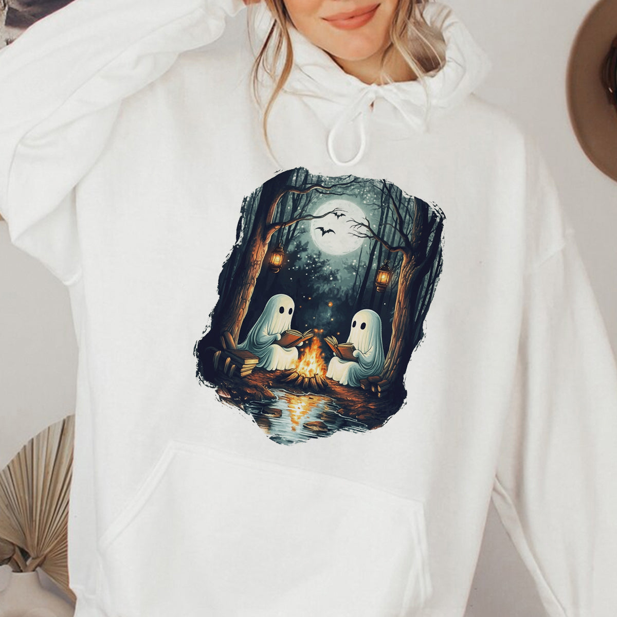 Teesdily | Camping Halloween Ghost Reading Book Shirt, Halloween Costume, Spooky Season Sweatshirt, Ghost Camping Hoodie Mug, Women Fall Gifts