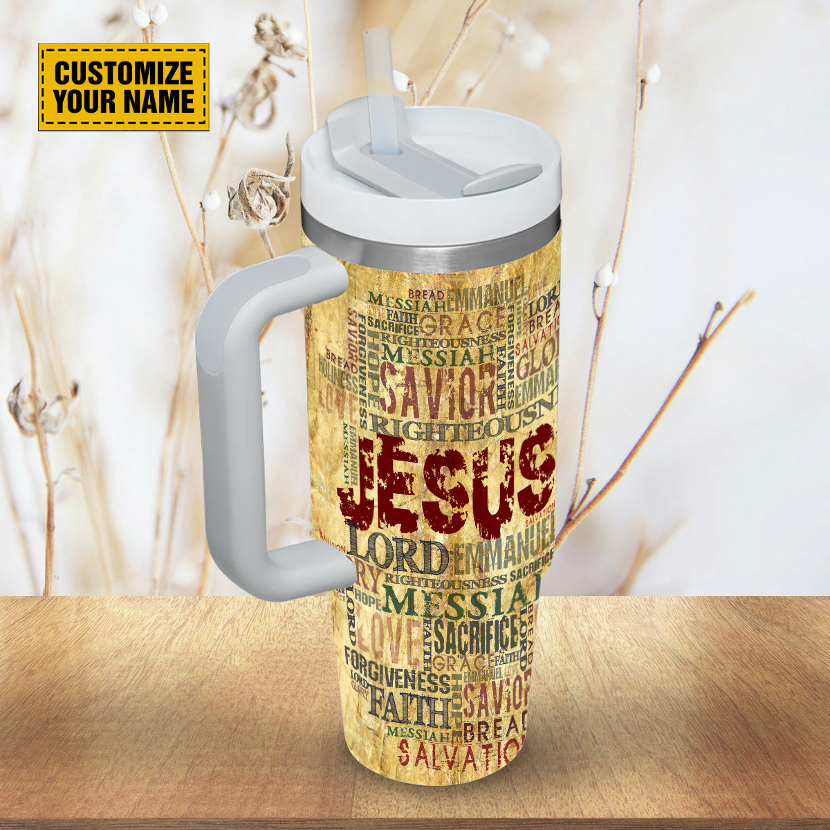 Teesdily | Personalized God's Words 40 oz Tumbler With Handle, Jesus Christ Vintage Travel Tumbler, Christian Faith Gift, 40oz Custom Tumbler