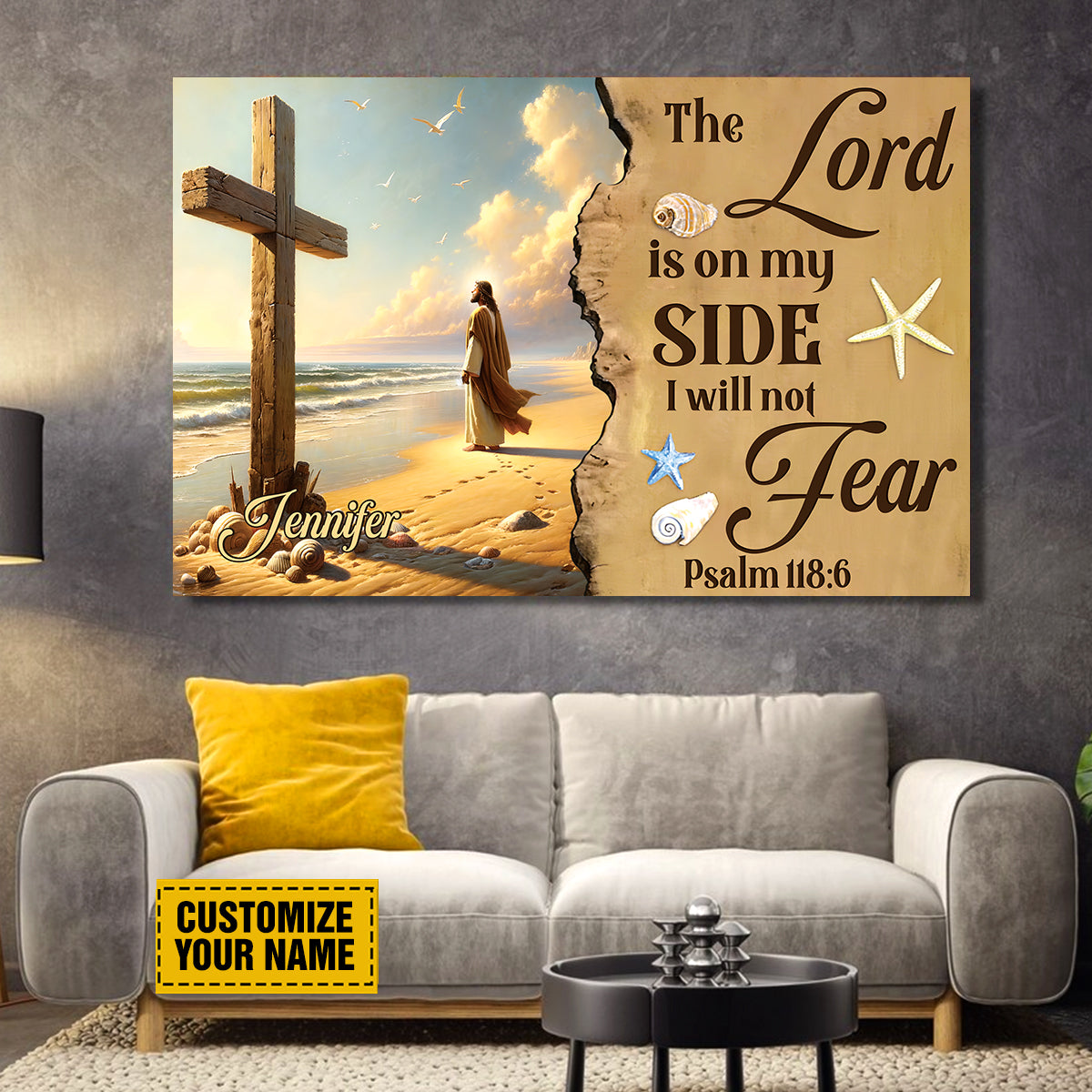 Teesdily | Customized Jesus Beach Art Canvas Print, The Lord Is On My Side Poster Canvas, Nautical Beach Theme Home Decor, Christian Gifts