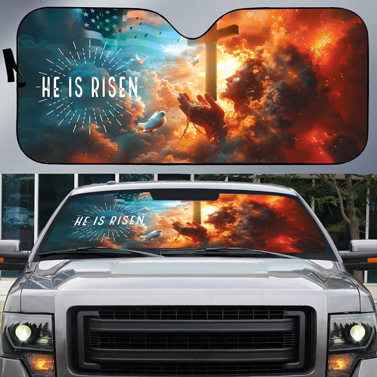 Teesdily | Jesus Cross Bird American Flag Car Sunshade, He Is Risen Auto Sunshade, Christ Car Windshield Sunshade, Car Accessories, Religious Gifts