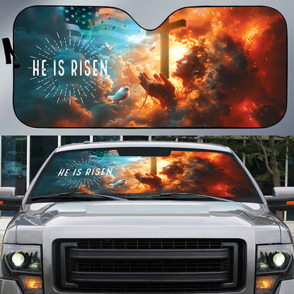 Teesdily | Jesus Cross Bird American Flag Car Sunshade, He Is Risen Auto Sunshade, Christ Car Windshield Sunshade, Car Accessories, Religious Gifts