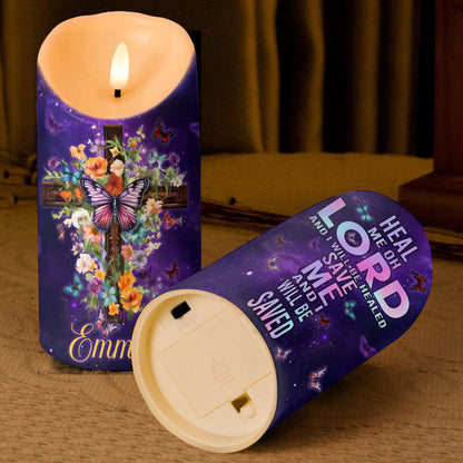 Teesdily | Customized Jesus Cross Flower Butterfly LED Candle No Battery, Heal Me Oh Lord LED Candle, Faith Jesus Lover Gift