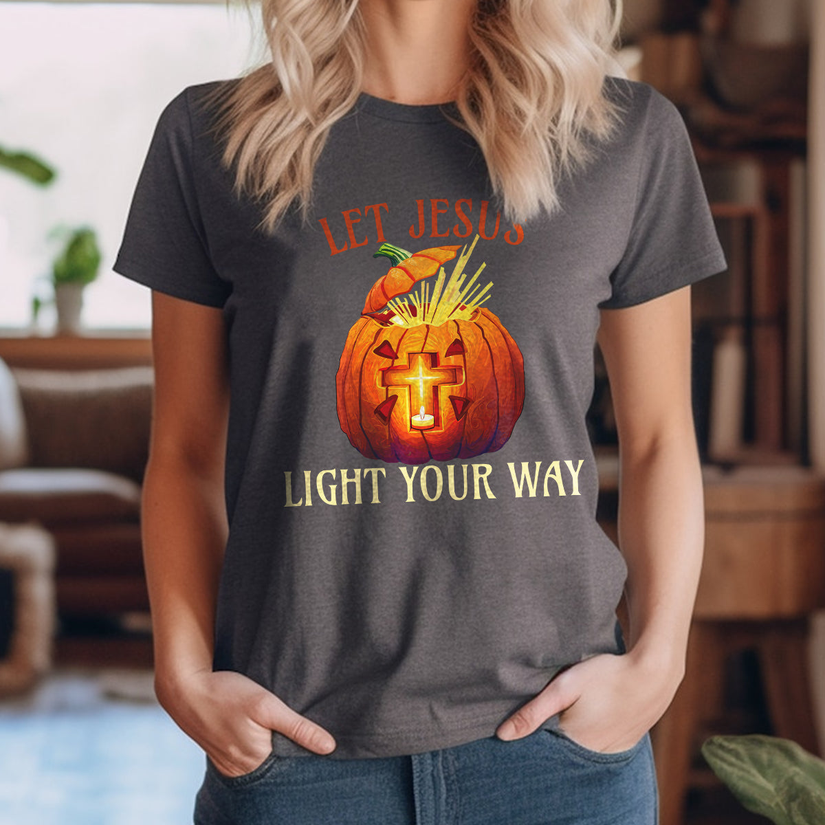 Teesdily | Jesus Pumpkin Cross Shirt, Let Jesus Light Your Way T-shirt, Jesus Light Pumpkin Sweatshirt Hoodie Mug, Happy Halloween Christian Gift