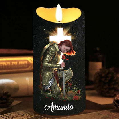 Teesdily | Customized Woman Warrior Jesus LED Candle Without Battery, I Am A Daughter Of The King Christ Candle, Prayer Faith Gift