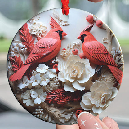 Teesdily | Christmas Cardinal Bird 2D Flat Ceramic Ornament, Couple Cardinal Bird Snowy Flower Christmas Gift, Xmas Ornament