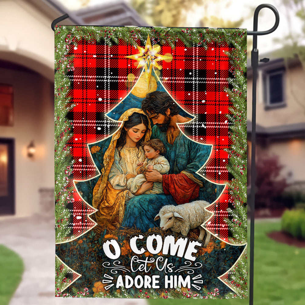 Teesdily | Holy Family Nativity Jesus Christmas Flag, O Come Let Us Adore Him Holy Night Garden Flag House Christmas Gift