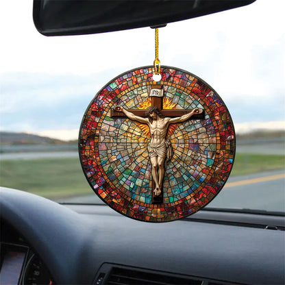 Teesdily | Jesus Crucifixion Ornament Car Hanging, Jesus Christ Cross Car Rear View Mirror, Church Religious Acrylic Ornament, King Jesus Lover Gift