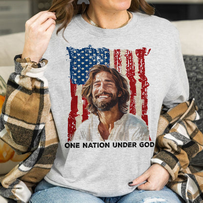 Teesdily | Jesus American Flag Shirt, One Nation Under God Sweatshirt, Christ God Hoodie, Jesus Mug Cup, Happy Independence Day, Gift For Jesus Lover