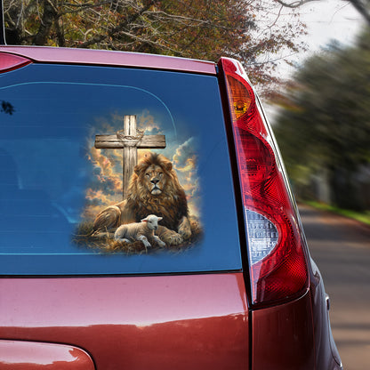 Teesdily | Lion And Lamb Car Vinyl Decal, Lion Of Judah Lamb Of God Decal Stickers For Cars, Christian Carsticker, Jesus Window Glass Vinyl Decal