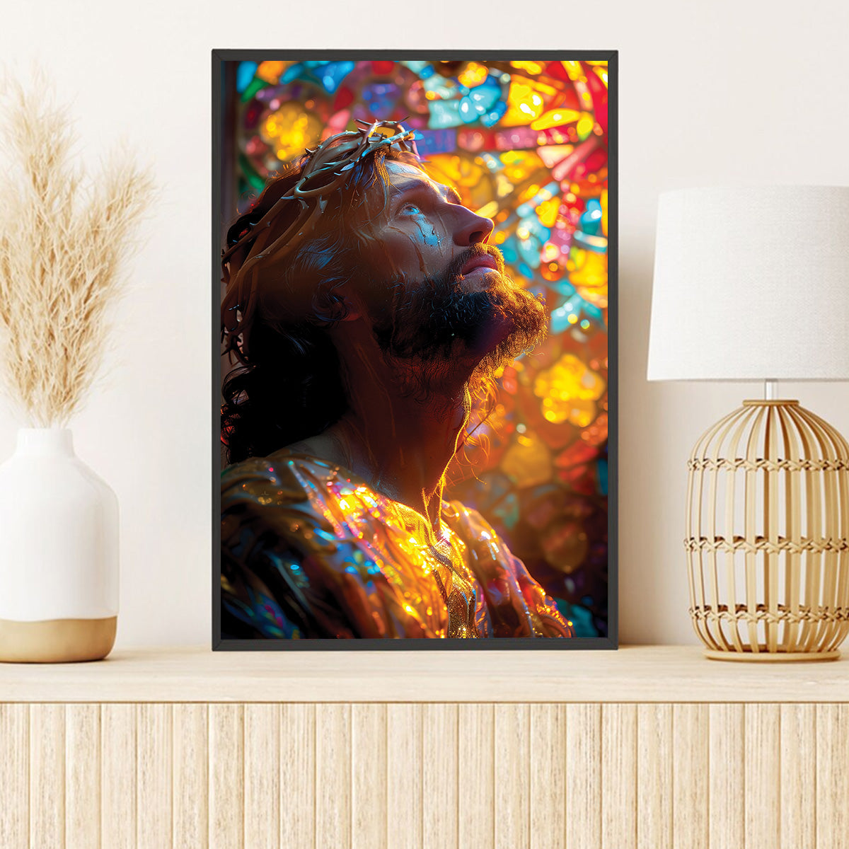 Teesdily | Jesus Portrait Art Stained Glass Design Poster, Christian Home Decor Poster Canvas, Jesus Art Religious Wall Decor, God Believers Gifts