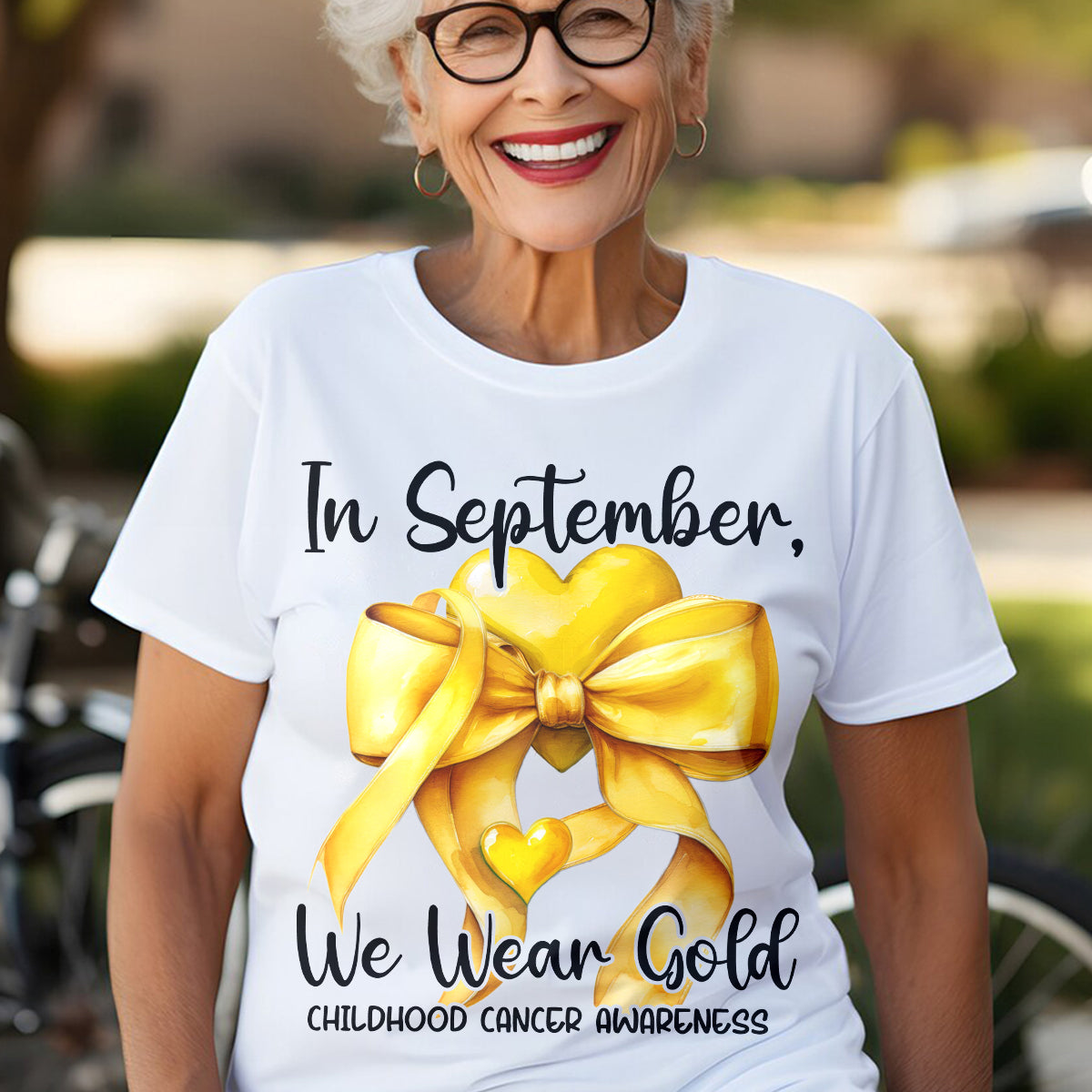 Teesdily | In September We Wear Gold Shirt, Cancer Coquette Bow Gold Sweatshirt, Childhood Cancer Awareness Hoodie Mug Survivor