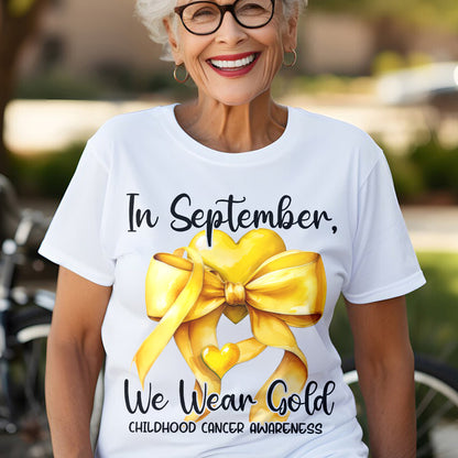 Teesdily | In September We Wear Gold Shirt, Cancer Coquette Bow Gold Sweatshirt, Childhood Cancer Awareness Hoodie Mug Survivor