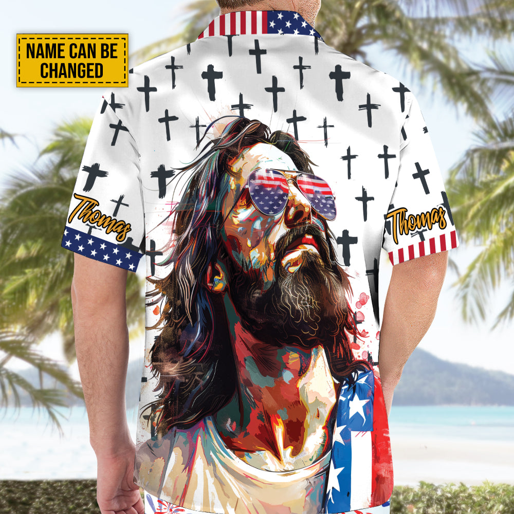 Teesdily | Custom Jesus Cross American Flag Hawaiian Shirt, God Sunglasses Summer Aloha Shirt, Cool Jesus Hawaii Set For Men, Independence Day Gifts