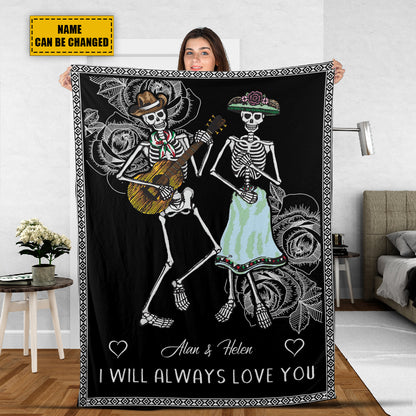 Teesdily | Day Of The Dead Skeleton Couple Personalized Fleece Blanket I Will Always Love You Throw Blanket Couple Halloween Bedroom Decor