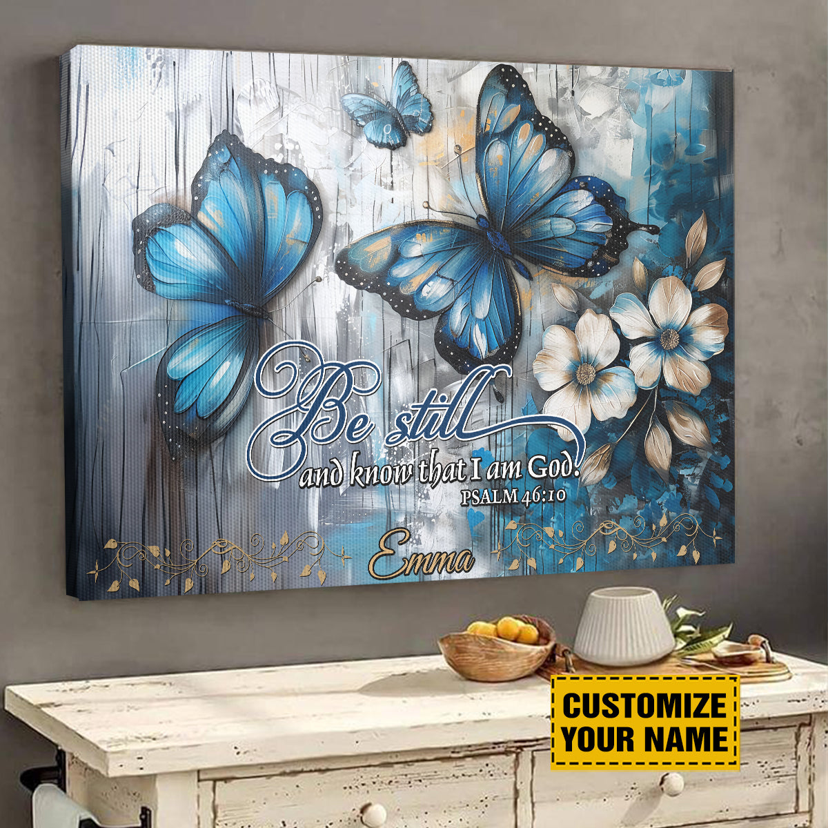 Teesdily | Custom Butterfly Floral Poster Canvas, Be Still And Know That I Am God Wall Art Print, Christian Bible Verses Wall Decor