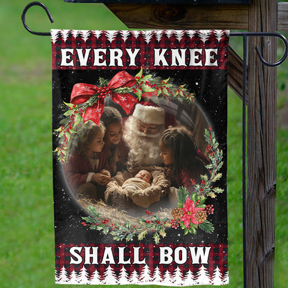 Teesdily | Santa Claus Kneeling With Baby Jesus Christmas Garden Flag, Every Knee Shall Bow House Flag, Christmas Yard Decor