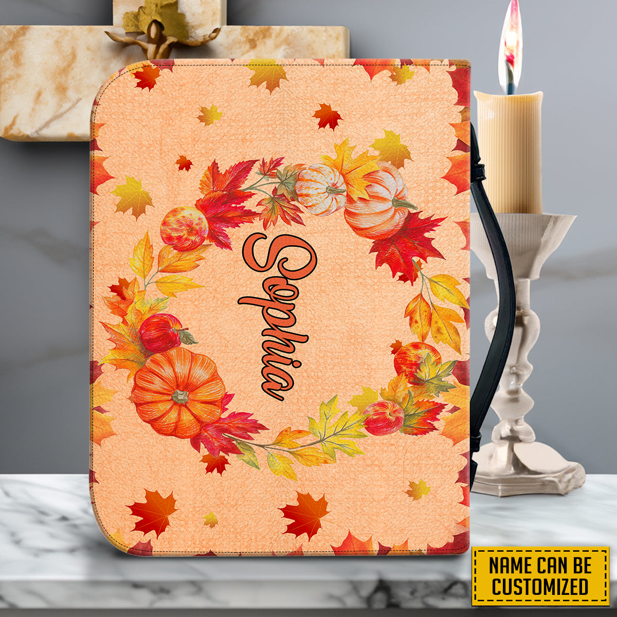 Teesdily | Customized Christian Cross Pumpkin Bible Cover, Fall For Jesus He Never Leaves Bible Bag, Pumpkin Autumn Maple Leaves, Jesus Lover Gift