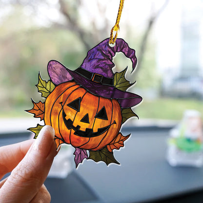 Teesdily | Pumpkin Halloween Stained Glass Acrylic Ornament, Pumpkin Witch Ornament Decor Halloween Art Hanging, Halloween Gift