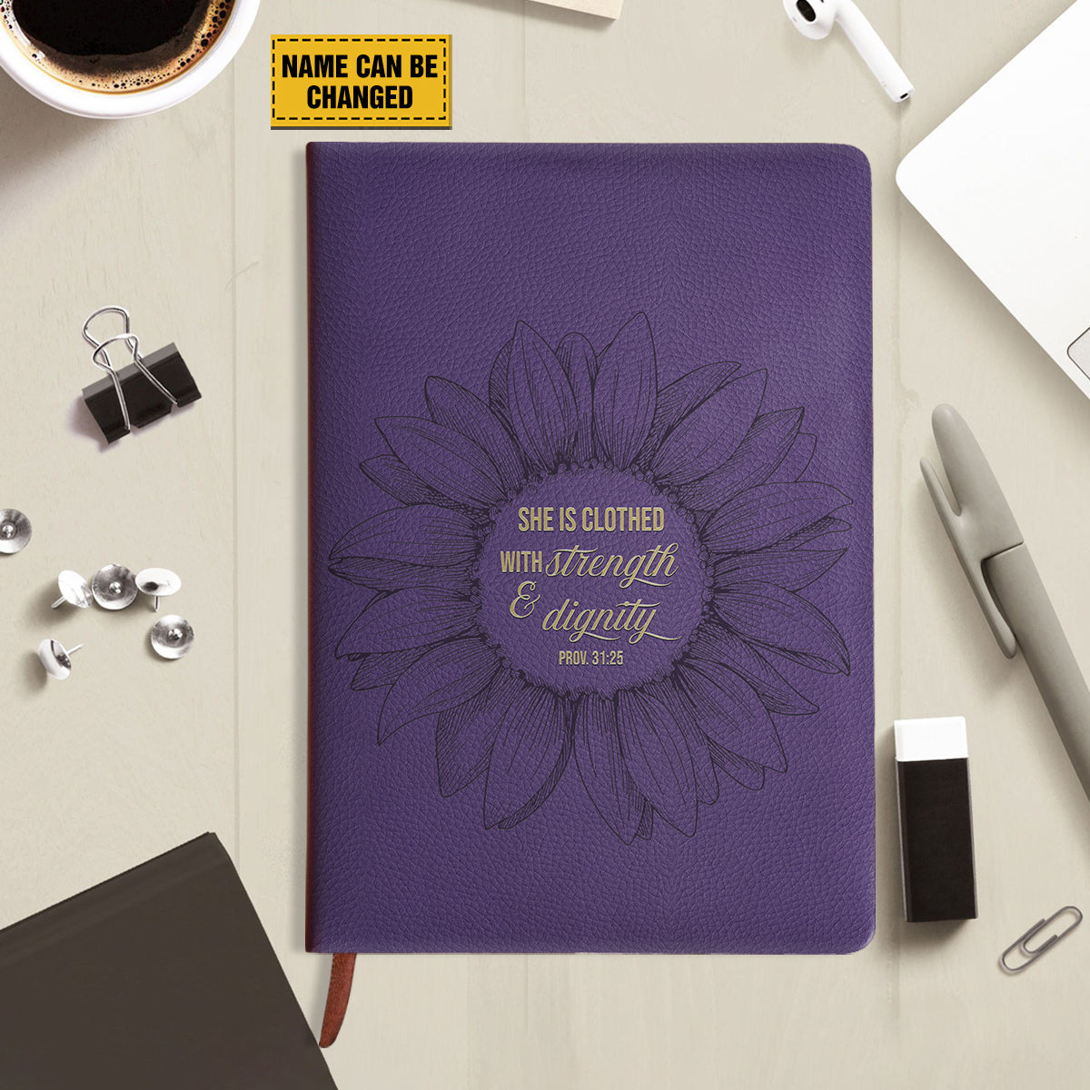 Teesdily | Customized God Sunflower Bible Notebook, She Is Clothed With Strength And Dignity, Journal For Women, Christian Leather Journal