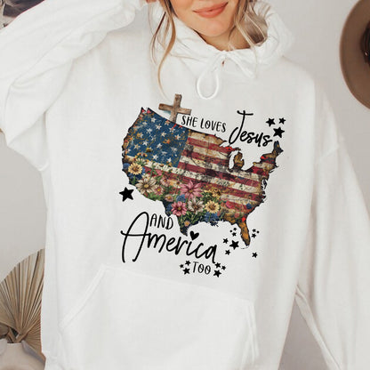 Teesdily | Jesus American Flag Flower Cross Shirt, She Loves Jesus And America Too Sweatshirt, US Pride Patriot Hoodie, Independence Day Gifts