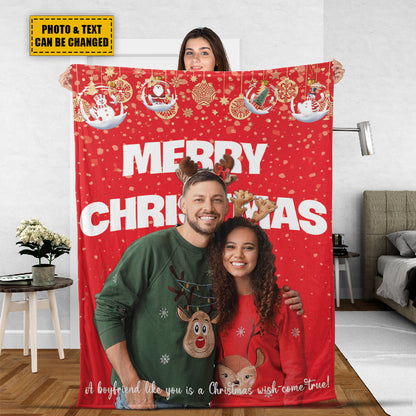 Teesdily | Christmas Couple Custom Blanket With Picture Boyfriend Like You Is A Christmas Wish Come True Sherpa Blanket Merry Christmas Gift Boyfriend