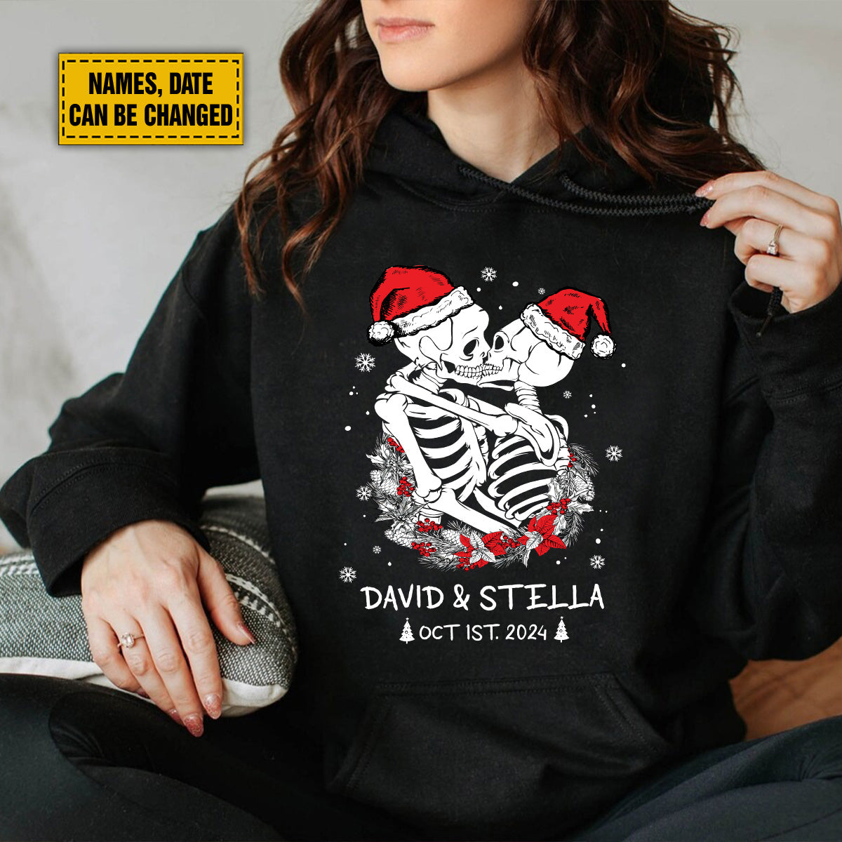 Teesdily | Customized Skeleton Christmas Shirt, Couple Skeleton Matching Merry Christmas Hoodie Sweatshirt Mug, Spooky Gothmas Tee