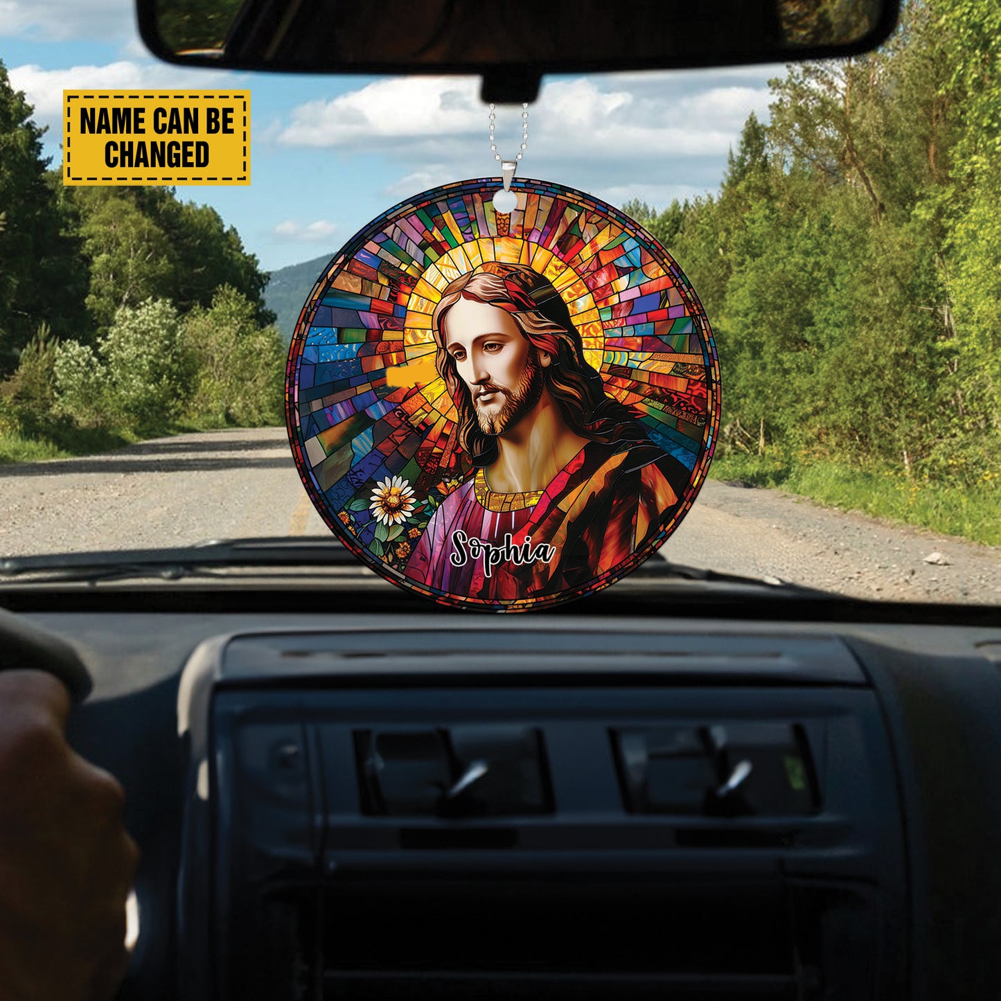 Teesdily | Jesus Portrait Stained Glass Print Ornament, Jesus Christ Sunflower Car Hanger Ornament, Jesus God Colorful Rear View Mirror Accessories