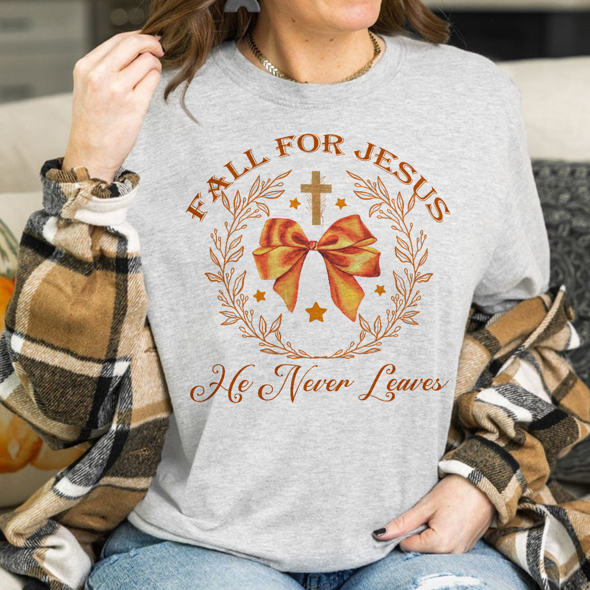 Teesdily | Jesus Thanksgiving Shirt, Fall For Jesus He Never Leaves Tee Sweatshirt Hoodie Mug, Christian Thanksgiving Gifts, Jesus Lovers Gifts