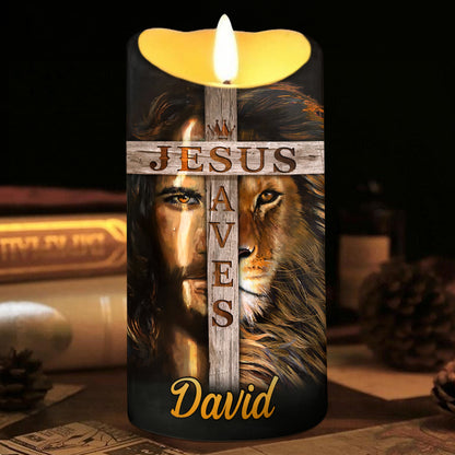 Teesdily | Customized Jesus Lion Of Judah Led Candle, Jesus Saves Flameless Candle, Christmas Jesus Gift, Christian Xmas Gift