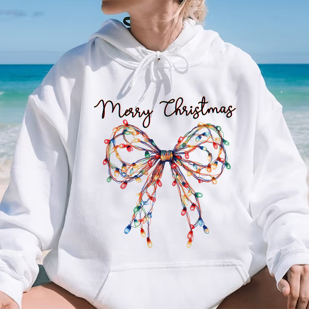 Teesdily | Merry Christmas Bow Light Shirt, Christmas Coquette Bow Sweatshirt, Merry And Bright Lights Bow Hoodie Mug For Women