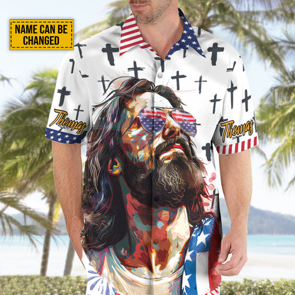 Teesdily | Custom Jesus Cross American Flag Hawaiian Shirt, God Sunglasses Summer Aloha Shirt, Cool Jesus Hawaii Set For Men, Independence Day Gifts