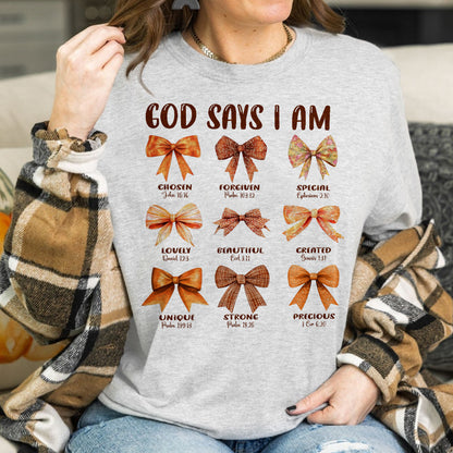 Teesdily | Jesus Thanksgiving Bow Set Shirt, God Says I Am Chosen Forgiven Special Tee Sweatshirt Hoodie Mug, Jesus Lovers Thanksgiving Coquette Gifts