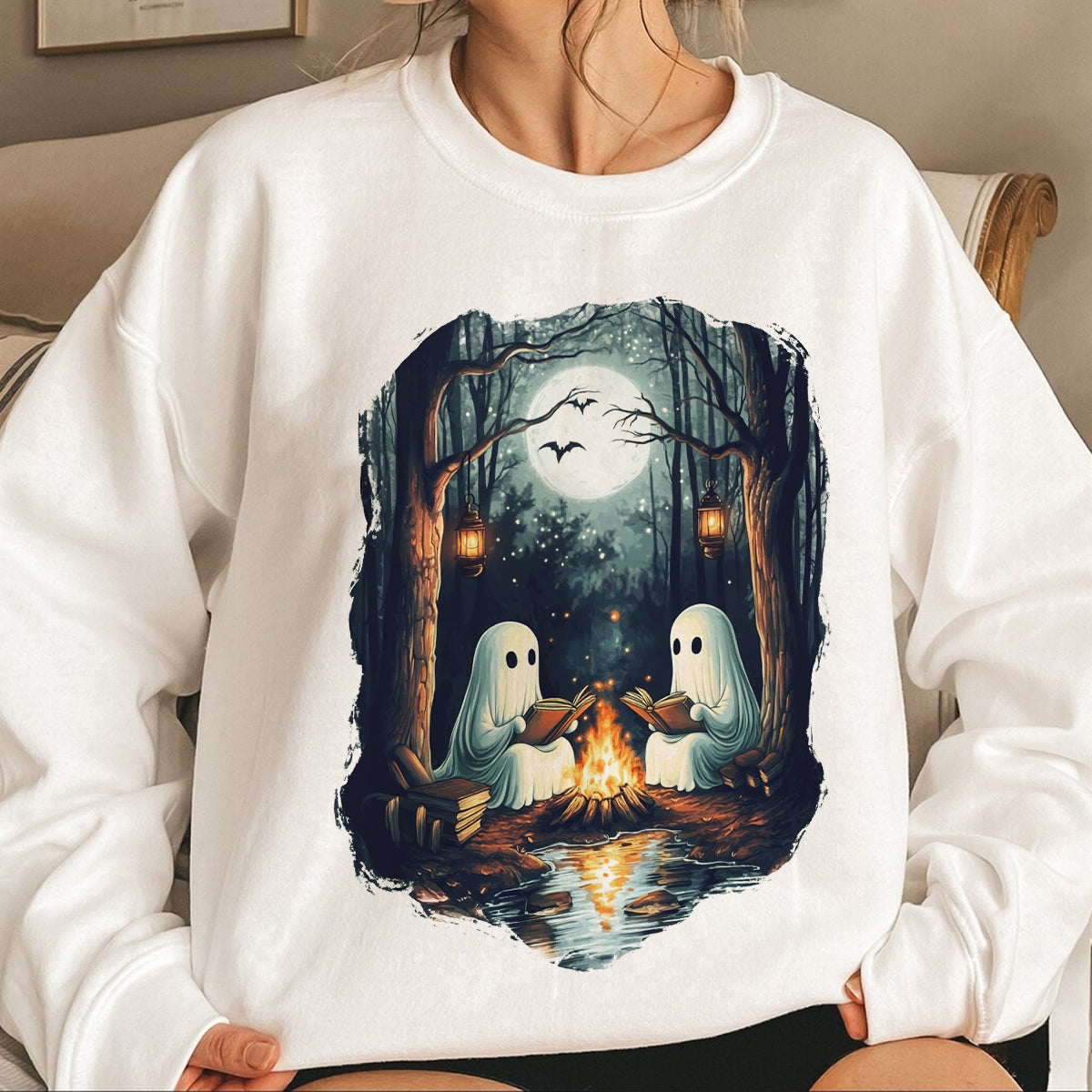 Teesdily | Camping Halloween Ghost Reading Book Shirt, Halloween Costume, Spooky Season Sweatshirt, Ghost Camping Hoodie Mug, Women Fall Gifts