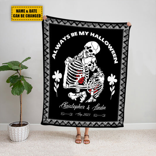 Teesdily | Skeleton Couple Custom Name Blanket Skeleton Halloween Throw Blankets Customized Commemorate Date Blanket Spooky Skull Decor Custom Gifts