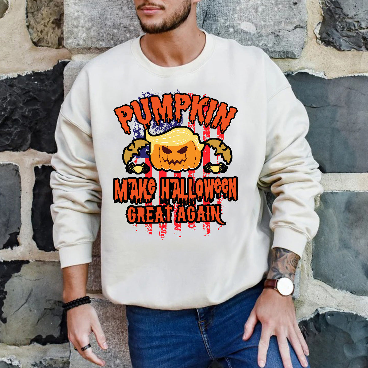 Teesdily | Halloween American Flag Pumpkin Shirt, Pumpkin Make Halloween Great Again T-shirt, Pumpkin Halloween Sweatshirt Hoodie Mug, Holiday Gifts